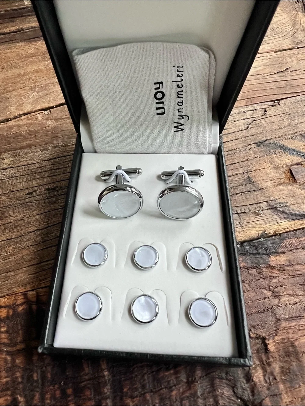 Men's Silver and White Cufflinks & Stud Set mother of pearl
